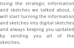 Using the strategic information and sketches we talked about, I will start turning the information and sketches into digital sketches and always keeping you updated by sending you all of the sketches. 